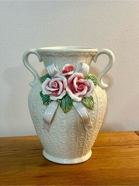 Vintage Italian Capodimonte Vase Cream Floral Ceramic Vase with Pink Roses